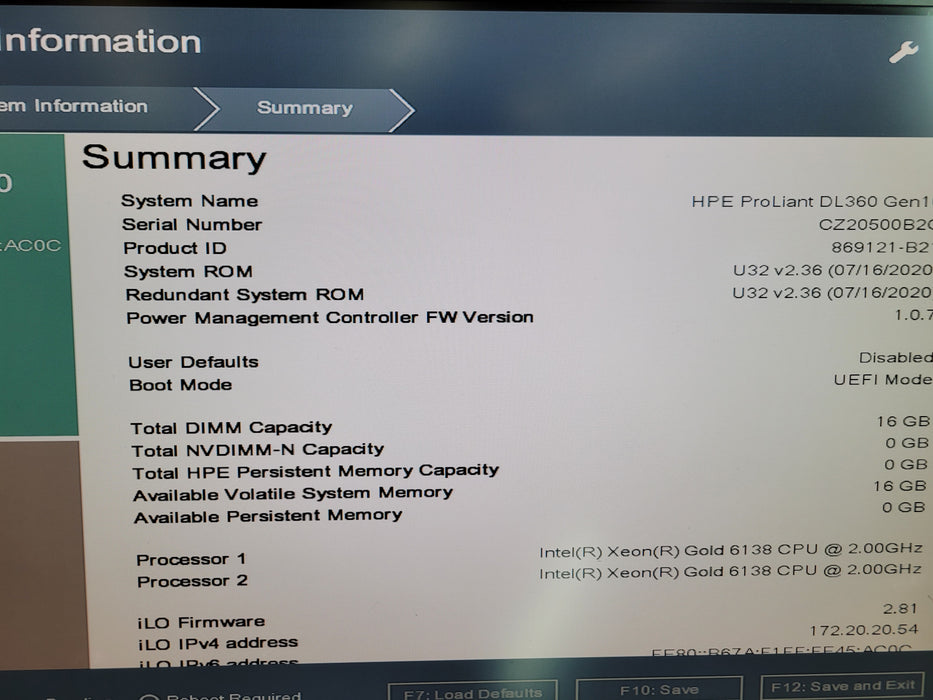 HPE ProLiant DL360 Gen10 - 2x Xeon Gold 6138 16GB DDR4 P408i-a SR G10 2x800W PSU