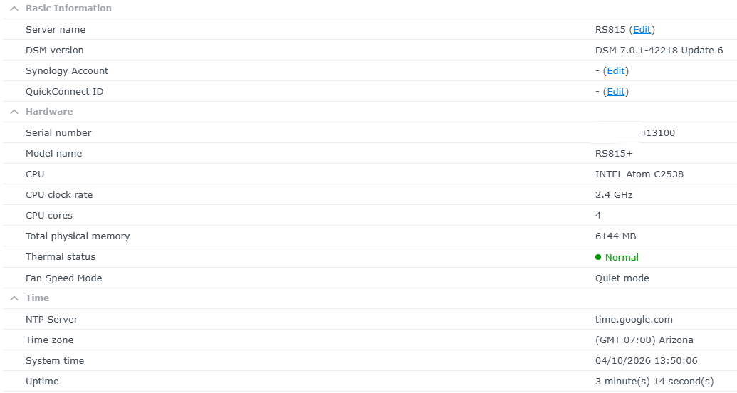 Synology RS815+ RackStation 4-Bay NAS Server, NO HDD/Caddies