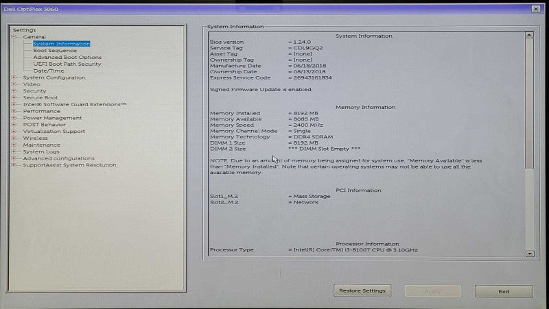 Dell OptiPlex 3060 USFF, i3-8100T 3.1GHz, 8GB DDR4, 128GB NVMe, WiFi