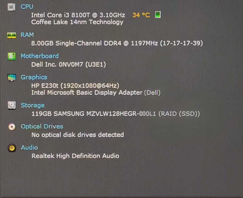 Dell OptiPlex 3060 USFF, i3-8100T 3.1GHz, 8GB DDR4, 128GB NVMe, WiFi