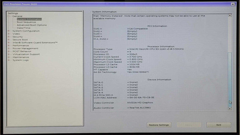 Dell precision T3620, Xeon E3-1225 V5 3.30GHz, 8GB DDR4, Nvidia NVS310,No HDD