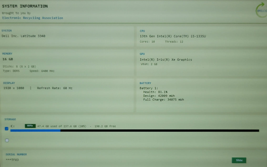Dell Latitude 3340 13" i5-1335U 16GB DDR5 256GB NVMe READ