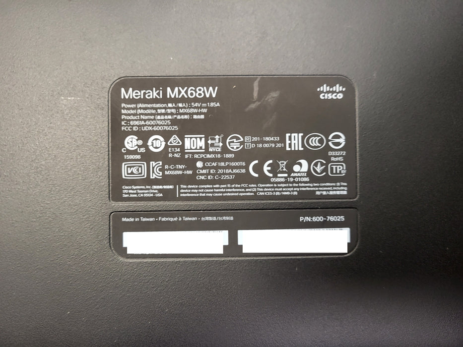 Cisco Meraki MX68W Firewall Security Cloud-Managed Wi-Fi Router Unclaimed No AC