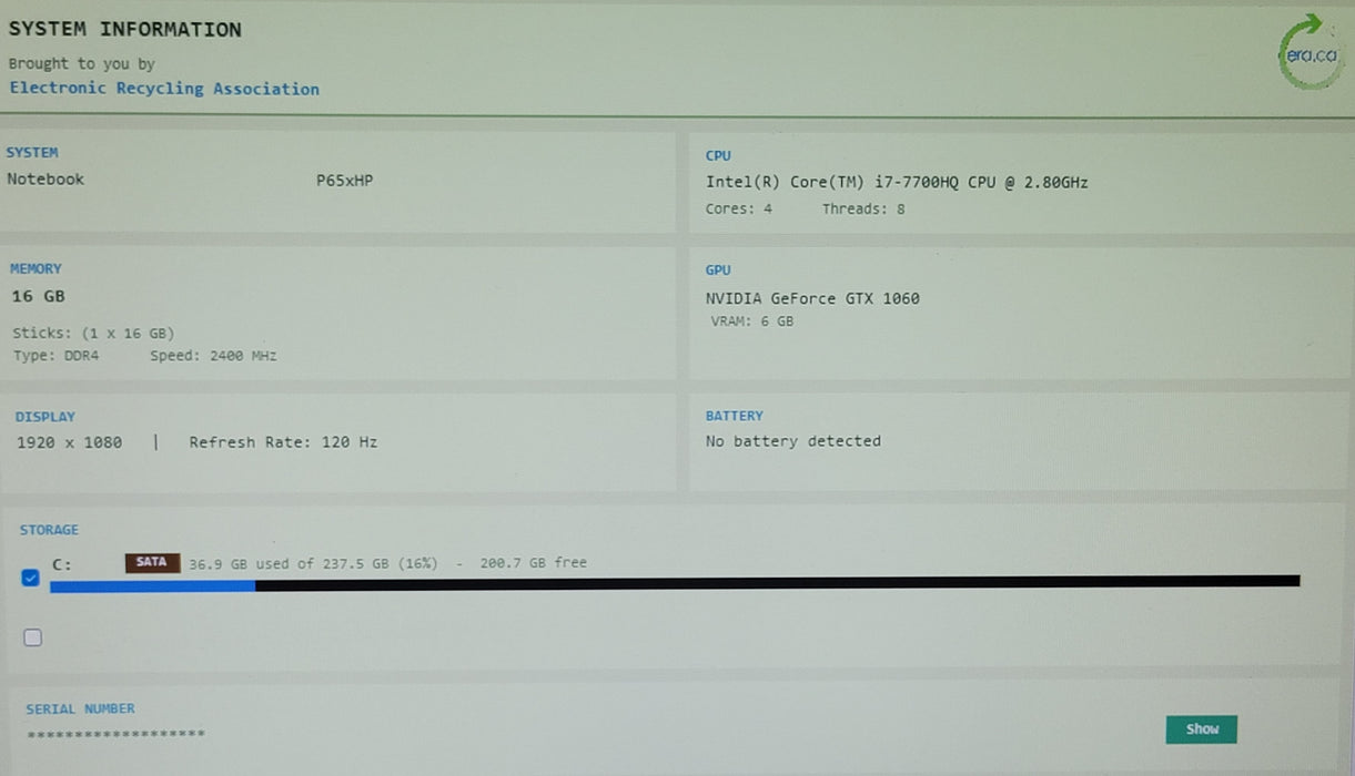 Clevo NoteBook 15.6" i7-7700HQ 16GB DDR4 GTX 1060 256GB SSD FOR PARTS/REPAIR