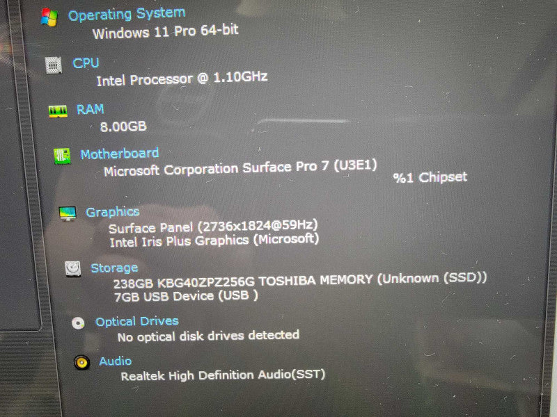 MS Surface Pro 7 1866, 4-Core i5-1035G4 1.1GHz, 8GB RAM, 256GB SSD, Win11