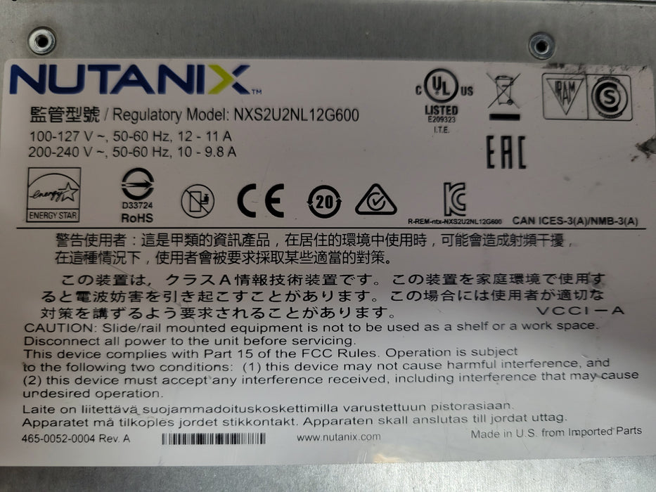 Nutanix NXS2U2NL12G600 1-Node 2x Xeon Silver 4214 16GB DDR4 12x 3.5" Trays 2xPSU
