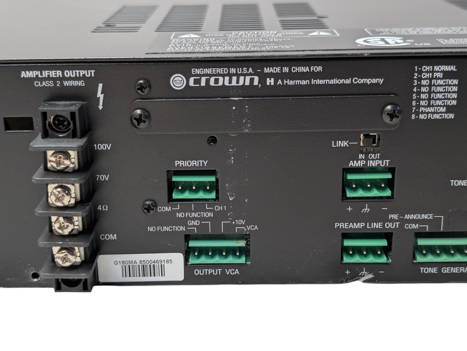 CROWN 180MA 4 Input Power Audio Amplifier 80 Watts  70V 100V 4 Ohm Outputs