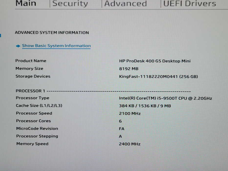 HP ProDesk 400 G5 DM, Core I5-9500T 2.20GHz, 8GB DDR4, 256GB SSD, w/ Power, READ