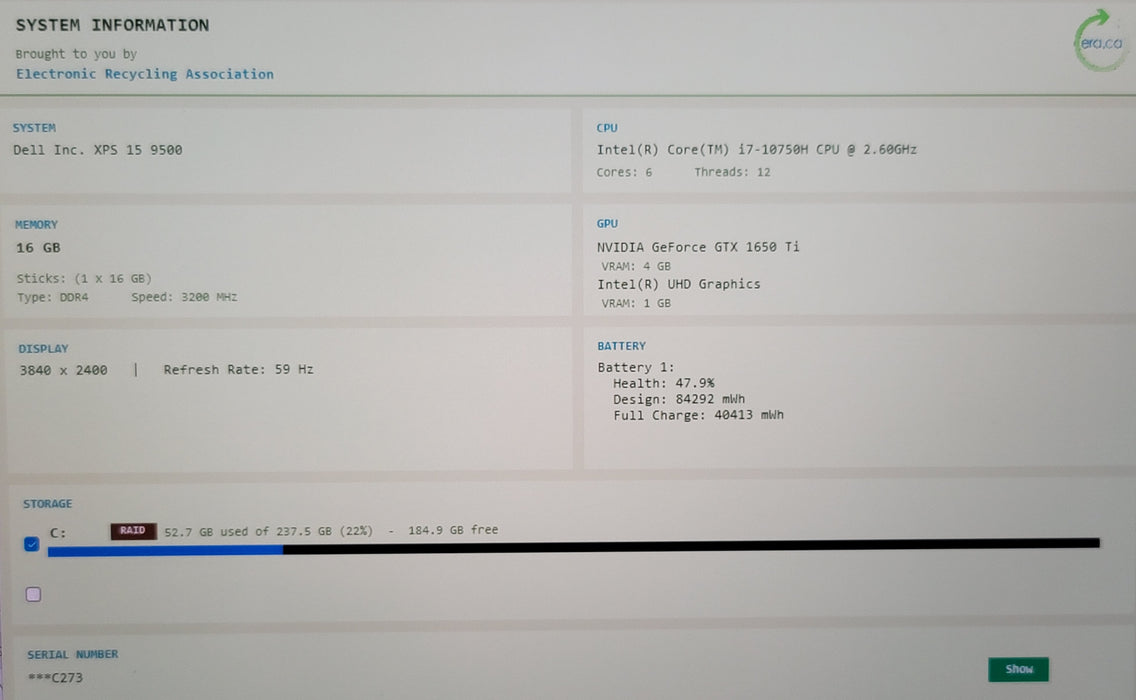 Dell XPS 15" 9500 i7-10750H 16GB DDR4 GTX 1650 Ti 256GB NVMe 4K Touch READ