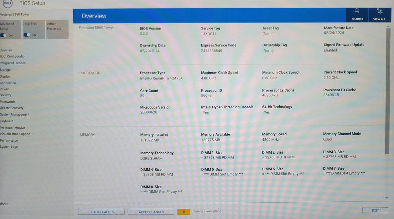 Dell Precision 5860, Xeon w7-2475X, 128GB DDR5, 250 GB SSD + 2TB, RTX A2000 12GB
