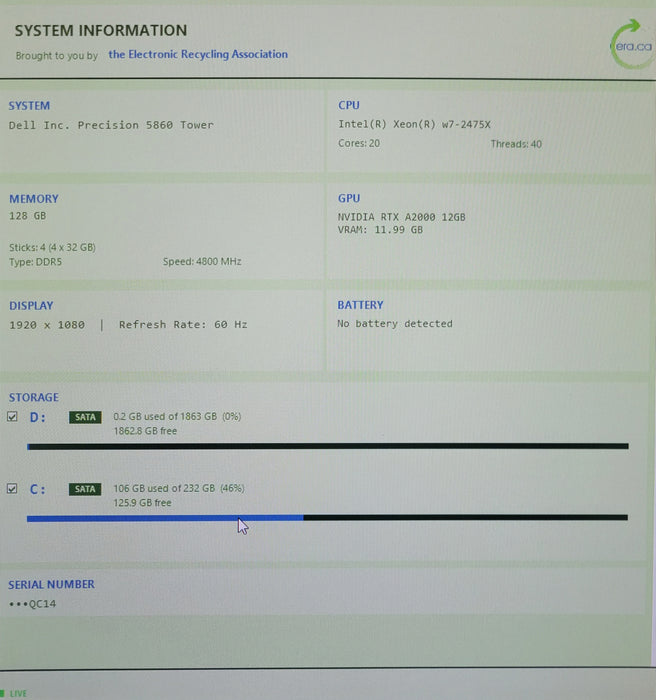Dell Precision 5860, Xeon w7-2475X, 128GB DDR5, 250 GB SSD + 2TB, RTX A2000 12GB