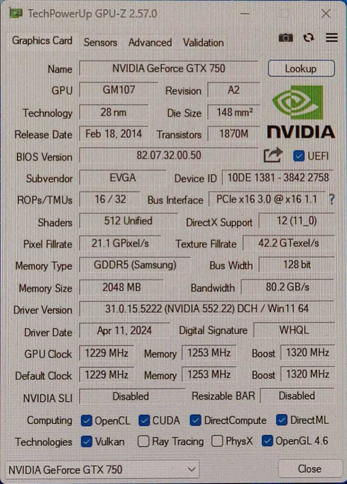EVGA NVIDIA GEFORCE GTX 750 2GB GDDR5 FTW