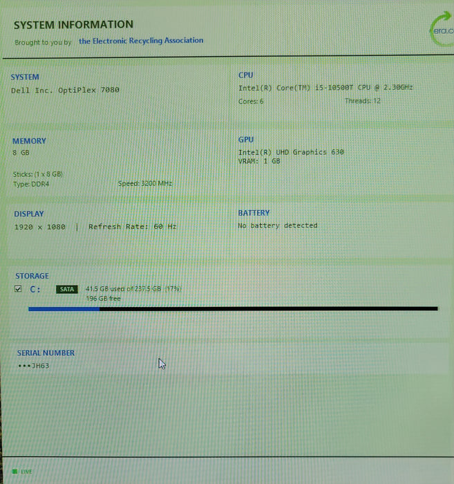 Dell OptiPlex 7080 Mini PC, Core I5-10500T 2.30GHz, 8GB DDR4, 256GB NVME