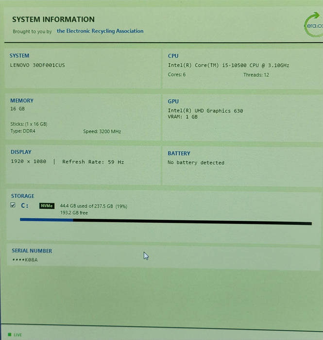 Lenovo P340 tiny, Core I5-10500 3.10Ghz, 16GB DDr4, 256GB NVME, w/ Power adapter