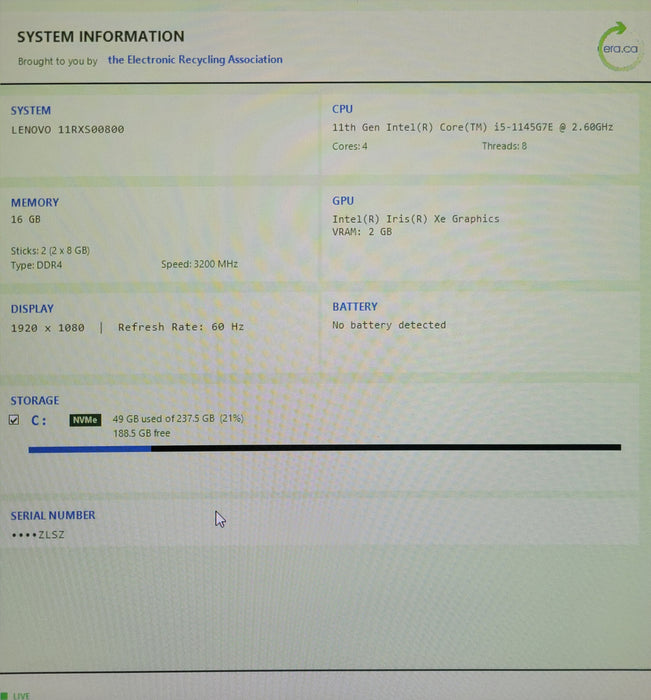 Lenovo ThinkSmart Core 11RX, Core i5-1145G7E 16GB RAM 256GB SSD W/ AC ONLY