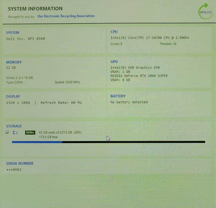 Dell XPS 8940 Tower PC, Core i7-10700 2.90 GHz 32GB DDR4 256GB NVMe, RTX 2060 8G