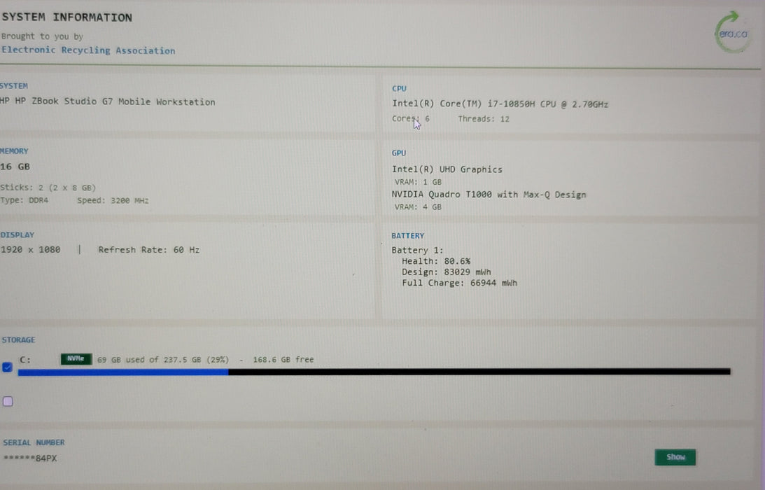 HP ZBook Studio G7 15.6" i7-10850H 16GB DDR4 Quadro T1000 Max Q  256GB NVMe READ