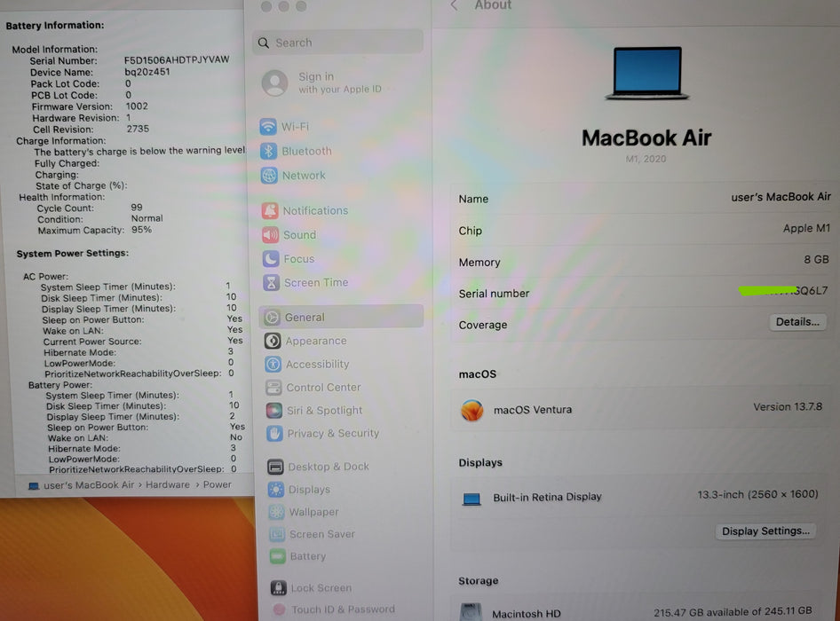 Apple MacBook Air 13" 2020 A2337 M1 8GB RAM 256GB SSD No ADAPTER