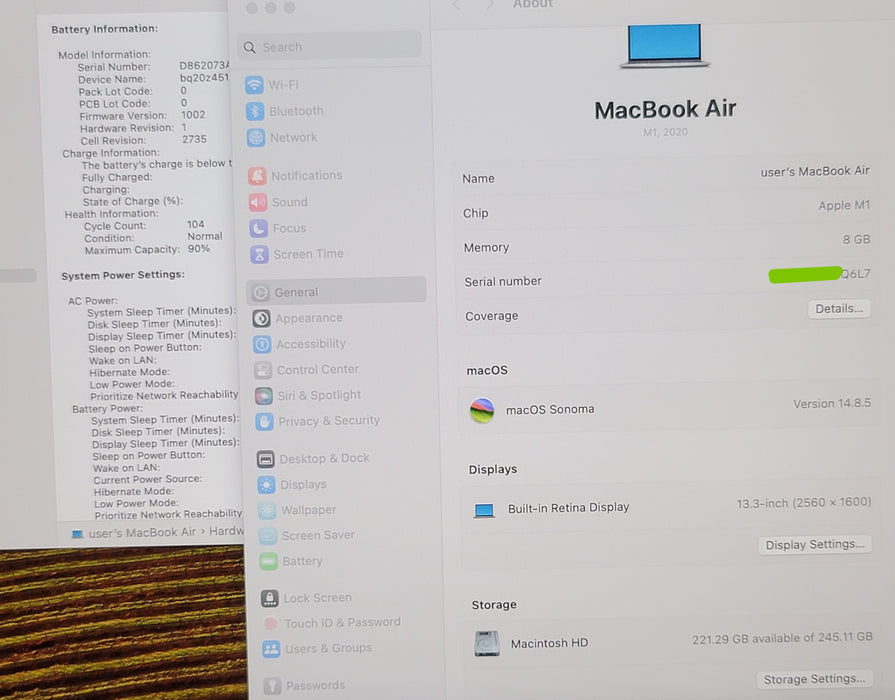 Apple MacBook Air 13" 2020 A2337 M1 8GB RAM 256GB SSD No ADAPTER