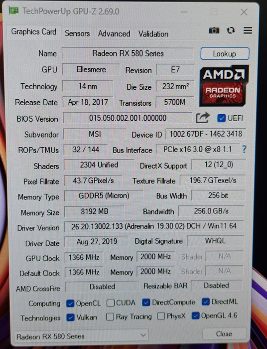 MSI Radeon RX 580 ARMOR OC 8GB GDDR5 Gaming Graphics Card