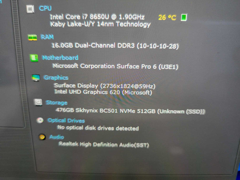 Microsoft Surface Pro 6 1796, Core i7-8650U 1.90GHz, 16GB Ram, 512GB SSD _ Lap200