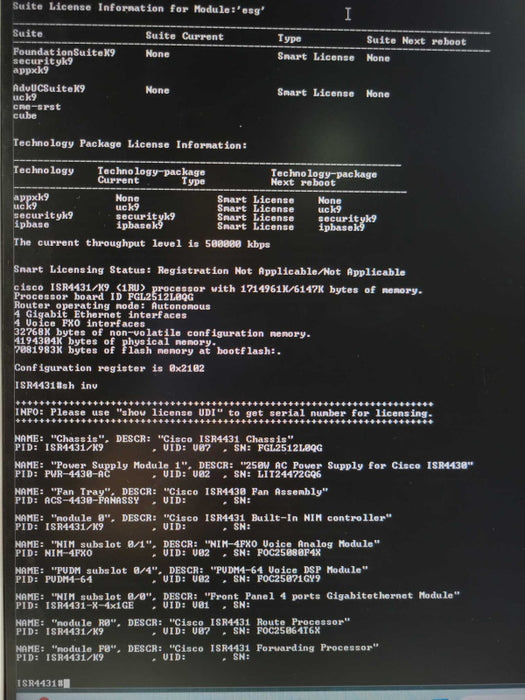 Cisco ISR4431/K9 4400 Series Integrated Services Router, 1x PSU, 1x NIM-4FXO _