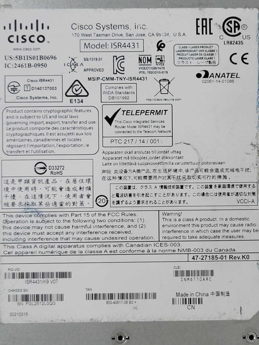 Cisco ISR4431/K9 4400 Series Integrated Services Router, 1x PSU, 1x NIM-4FXO _