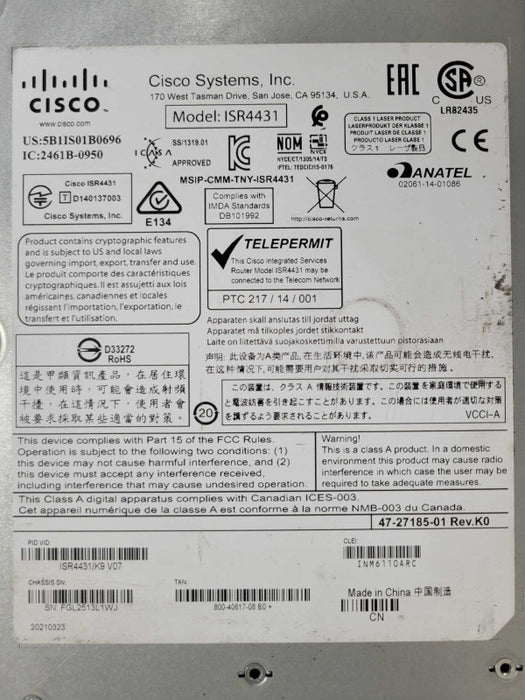 Cisco ISR4431/K9 4400 Series Integrated Services Router, 1x PSU, 1x NIM-4FXSP _