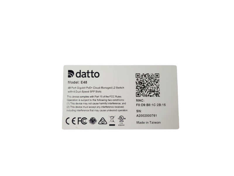 Datto E48 48-Port Gigabit PoE+ Cloud Managed L2 Switch with 4 Dual-Speed SFP !