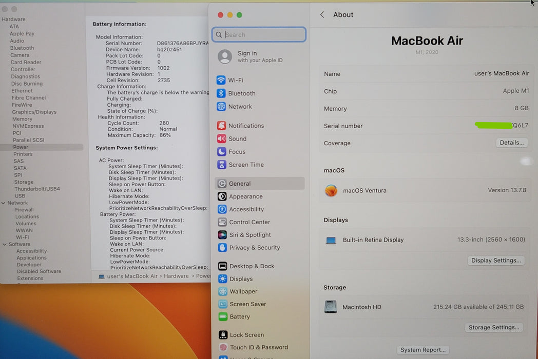 Apple MacBook Air 13.3" 2020 A2337 M1 8GB RAM 256GB SSD NO ADAPTER