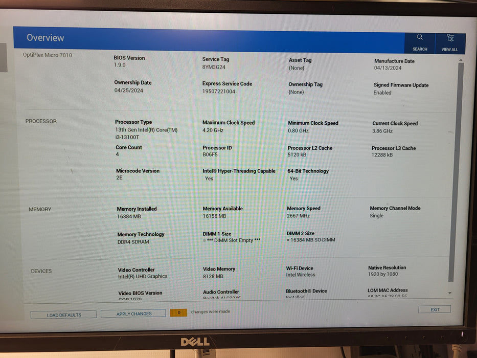 Dell OptiPlex Micro i3-13100T 13th Gen CPU 16GB RAM 256GB NVMe No AC