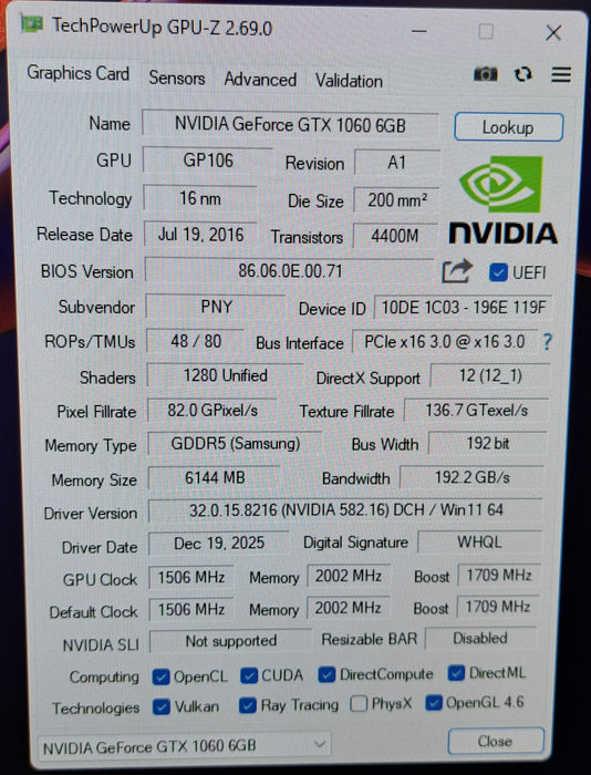 PNY GeForce GTX 1060 6GB GDDR5 PCIe Graphics Card
