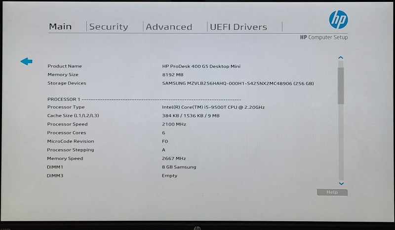 HP ProDesk 400 G5 USFF, i5-9500T 2.20GHz, 8GB DDR4, 256GB NVMe, WiFi, PWR
