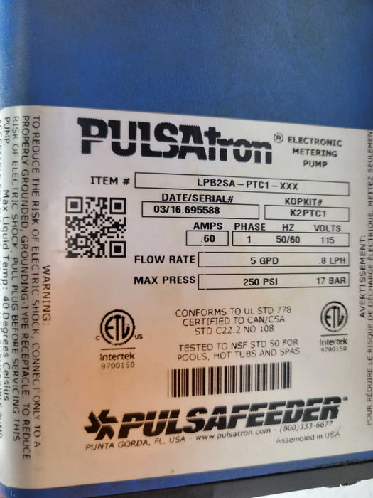 PulsAtron Electronic Metering Pump LPB2SA-PTC1-XXX, READ _