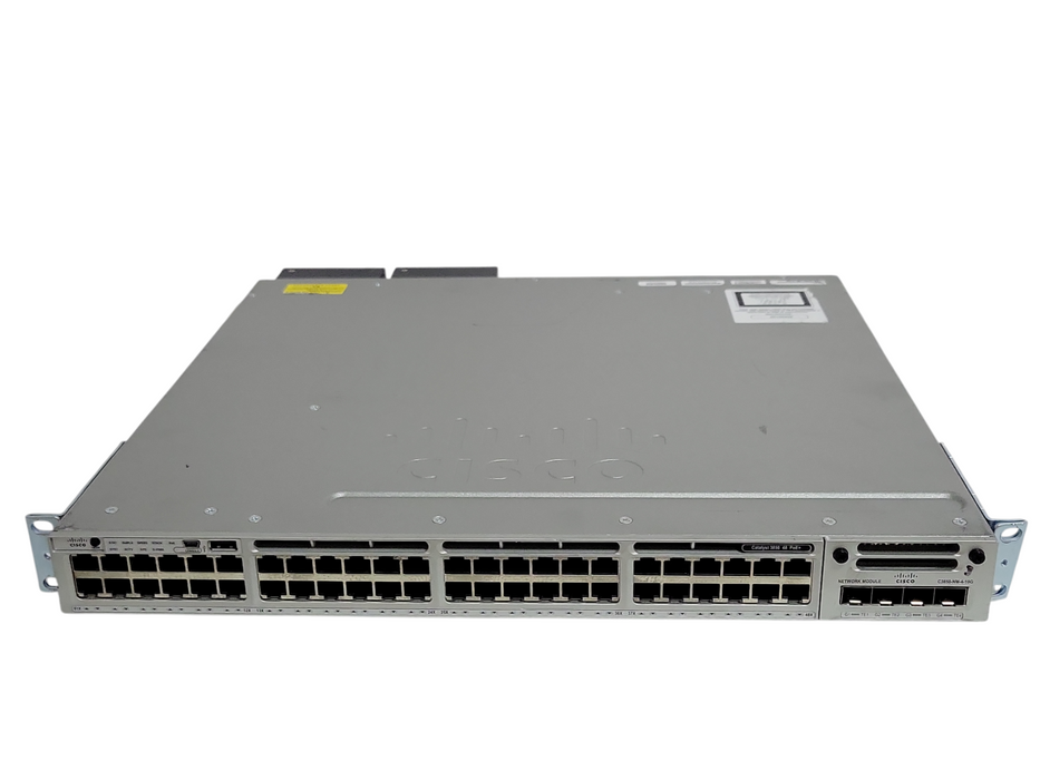 Cisco Catalyst WS-C3850-48F-S 48 PoE+ Network Switch w/ C3850-NM-4-10G, 2x PSU