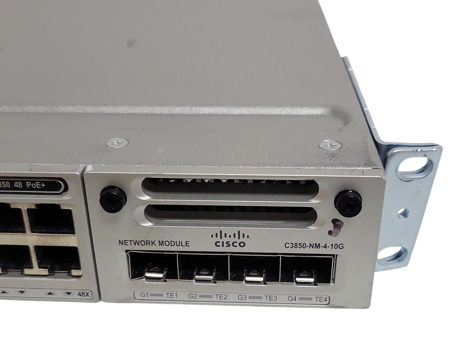 Cisco Catalyst WS-C3850-48F-S 48 PoE+ Network Switch w/ C3850-NM-4-10G, 2x PSU