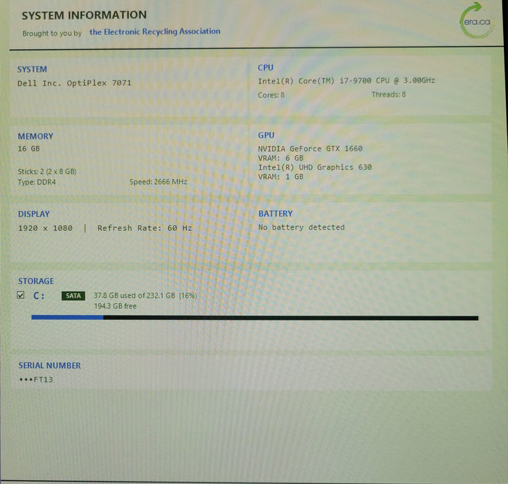 Dell Optiplex 7071, Core I7-9700 3.00GHz, 16GB, 250GB SSD, GeForce GTX 1660 6GB