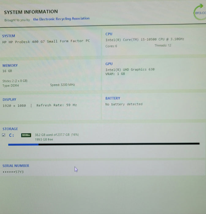 HP ProDesk 400 G7 SFF PC, Core I5-10500 3.10GHz, 16GB, 256GB NVME, See detail