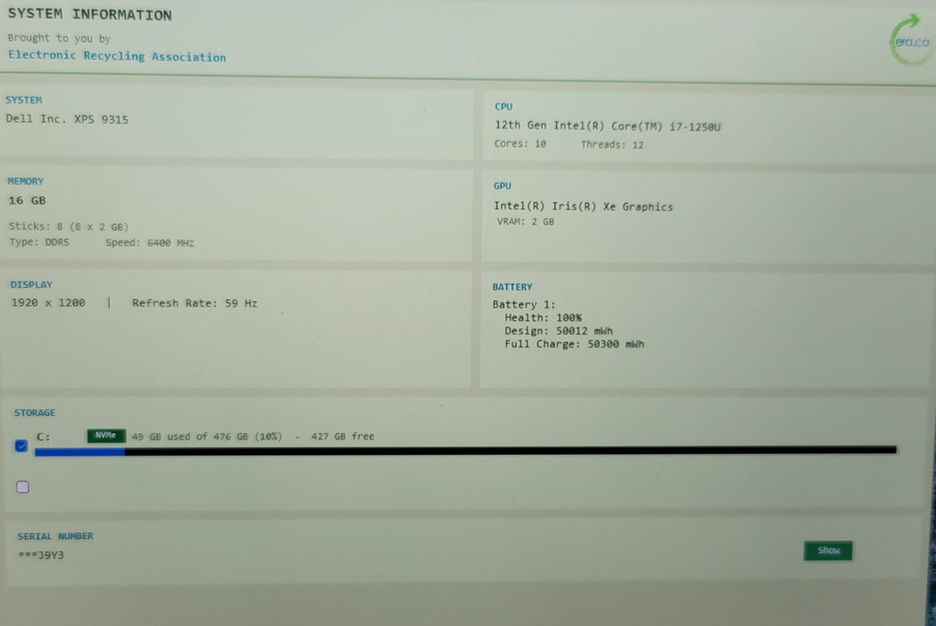 Dell XPS 9315 13" i7-1250U 16GB DDR5 512GB NVMe READ