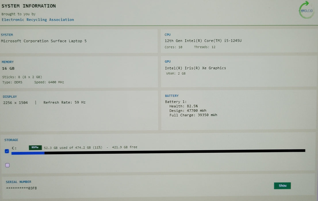 Microsoft Surface Laptop 5 1951 i5-1245U 16GB DDR45 256GB NVMe