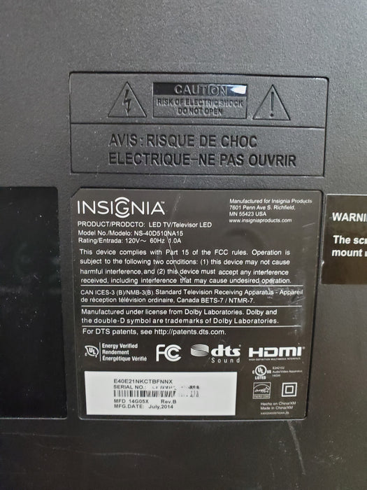 Insignia NS-40D510NA15 40" 1080P LED TV w/ Power Cord - No Remote