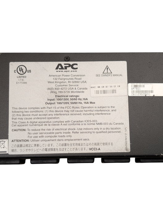 APC AP7801 Metered PDU 120V 8x 20A Outlets