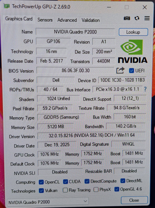 NVIDIA Quadro P2000 5GB GDDR5 Graphics Card | 4x DisplayPort