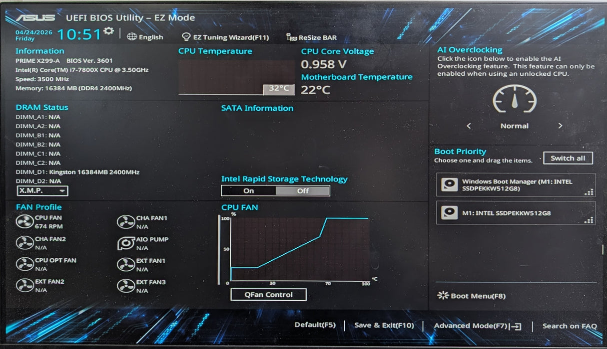 ASUS PRIME X299-A w/ i7-7800X CPU, 16GB DDR4, 512GB NVMe &  I/O Shield
