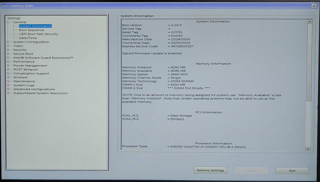 Dell Optiplex 3080 USFF, i5-10500T 2.30GHz, 8GB DDR4, 256GB NVMe, No AC Adapter
