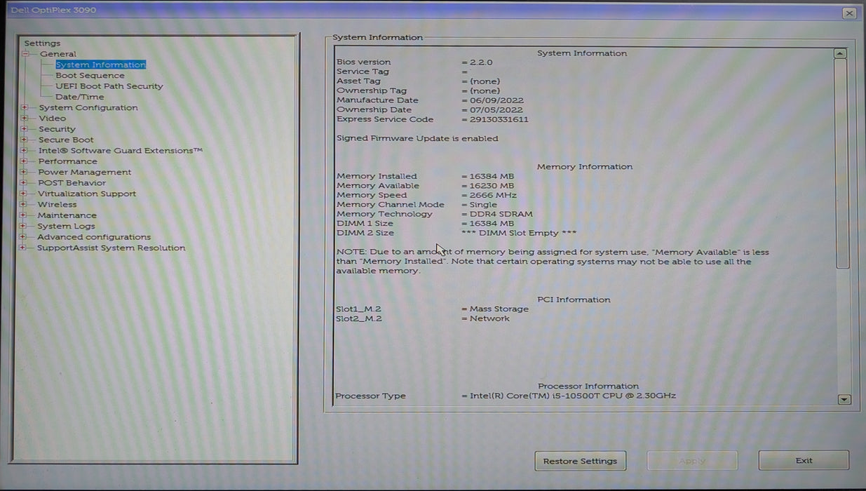 Dell OptiPlex 3090 USFF, i5-10500T 2.30GHz, 16GB DDR4, 256GB NVMe, No AC adapter