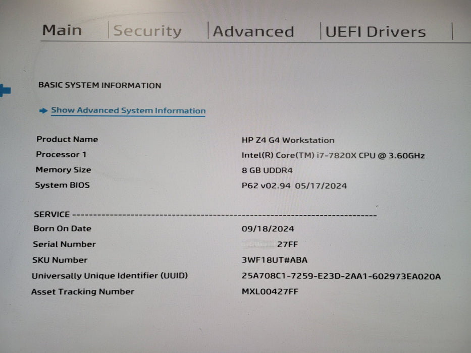 HP Z4 G4 Workstation i7-7820X 3.6GHz 8GB RAM Quadro P400