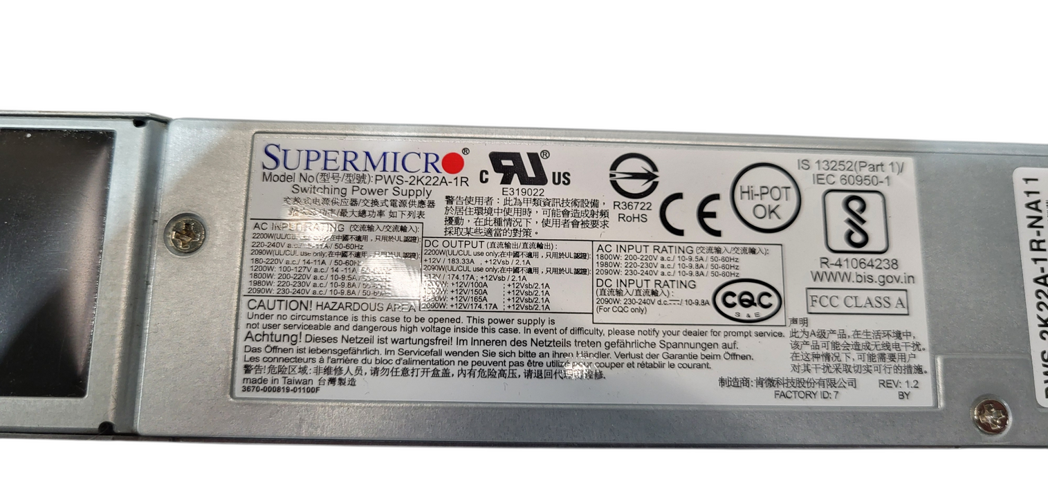 PWS-2K22A-1R - Supermicro 1U 2200W Redundant Power Supply