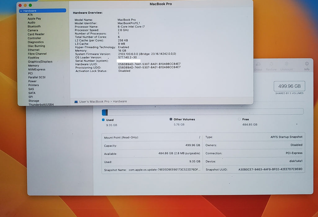 2018 Apple MacBook Pro A1990 i7-8850H 2.6Ghz 16GB DDR4 500GB READ