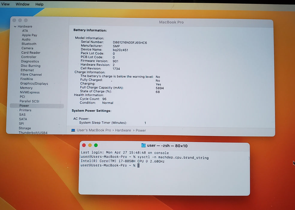 2018 Apple MacBook Pro A1990 i7-8850H 2.6Ghz 16GB DDR4 500GB READ